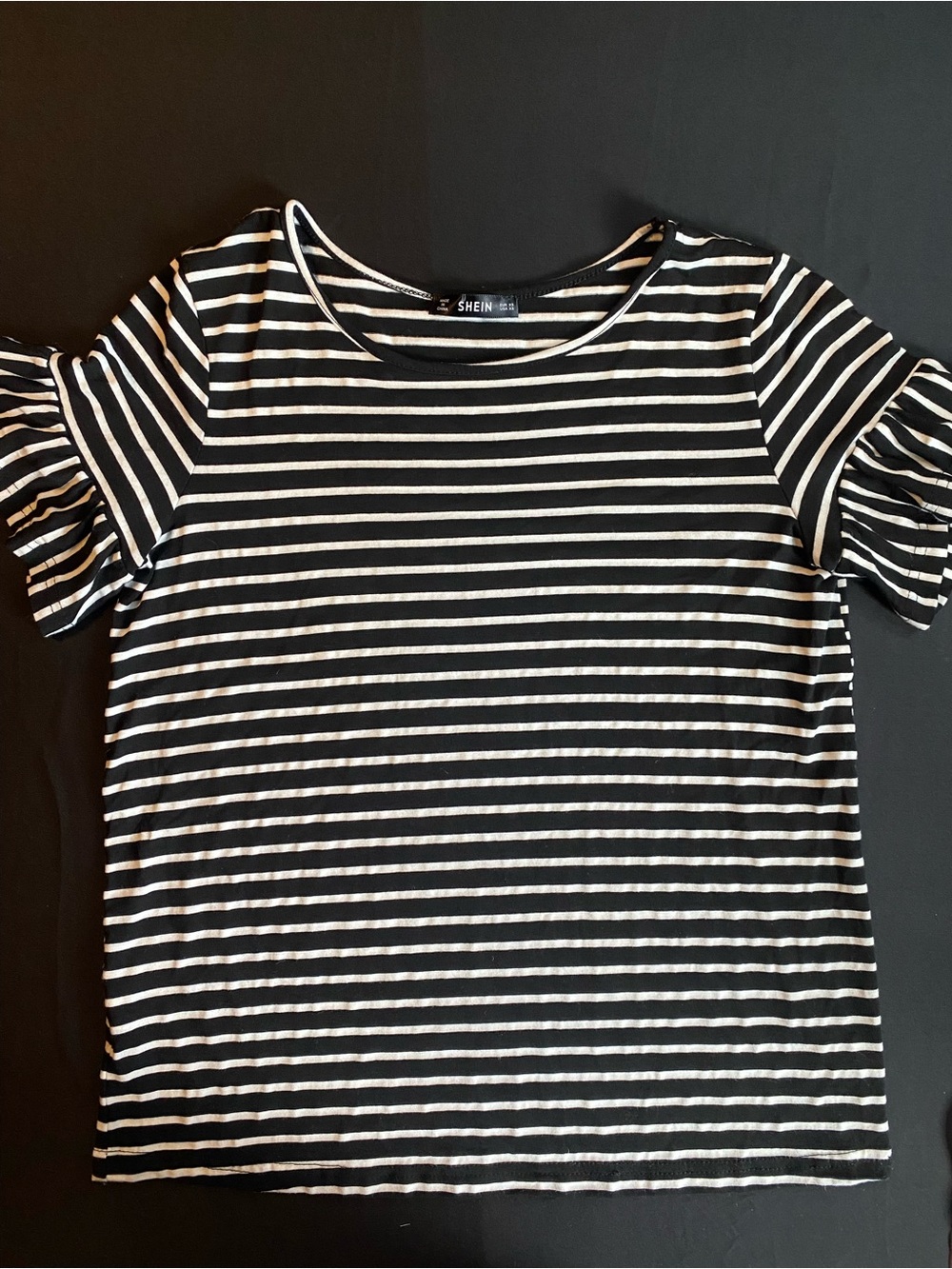SHEIN Black & White Striped Short Sleeve Tee with Ruffle Sleeves